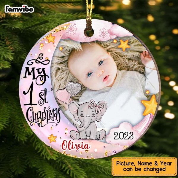 Personalized Baby s First Christmas Elephant Photo Circle Ornament NB12 23O58 Hot on Sale - Image 3
