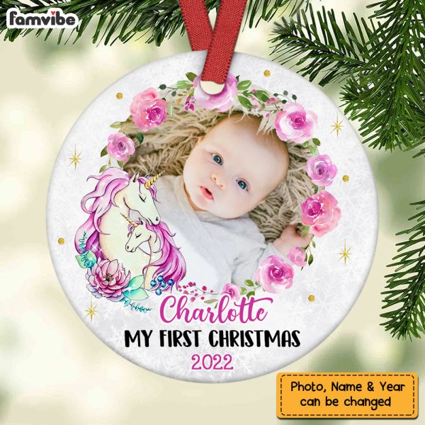 Personalized Unicorn My First Christmas Baby Girl Circle Ornament NB51 58O47 Online Hot Sale - Image 2