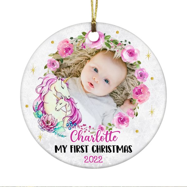 Personalized Unicorn My First Christmas Baby Girl Circle Ornament NB51 58O47 Online Hot Sale